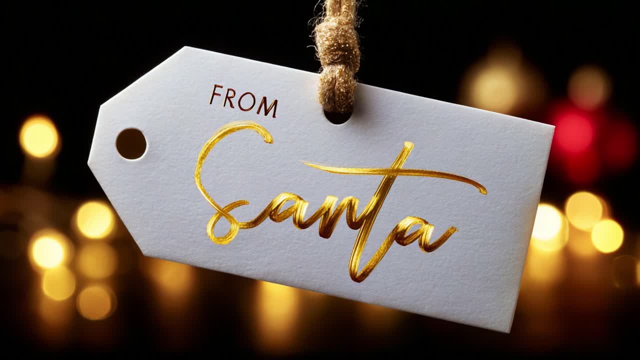 A close-up view of a beautifully crafted gift tag reading 'From Santa' adorned with elegant gold lettering, surrounded by a soft focus of glowing lights, creating a festive, heartwarming atmosphere celebrating the holiday spirit