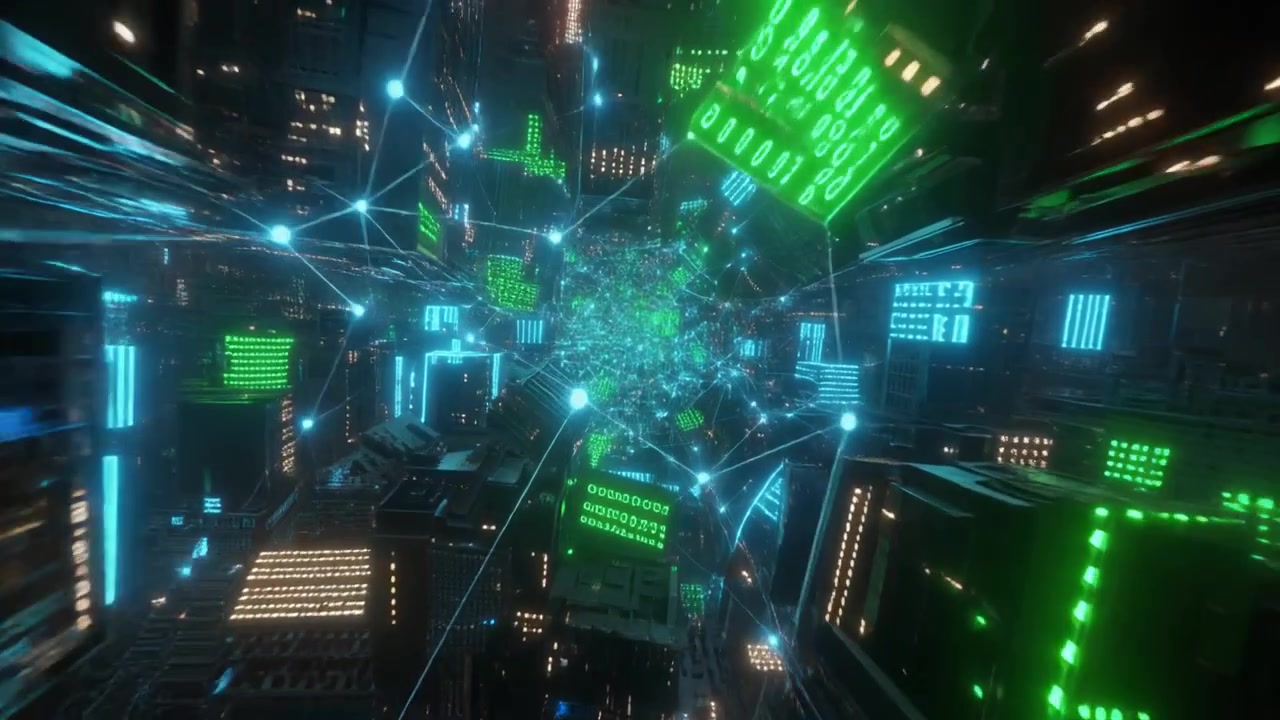 Futuristic Digital Cityscape with Glowing Data Streams and Network Connections