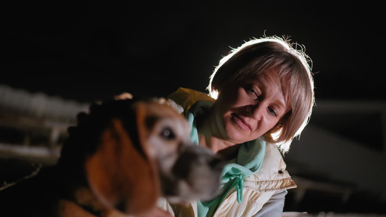 Elegant lady touching ears of her pet dog under soft lighting at night showing gentle affection and emotional bond highlighting warmth care trust between pet owner and loyal companion