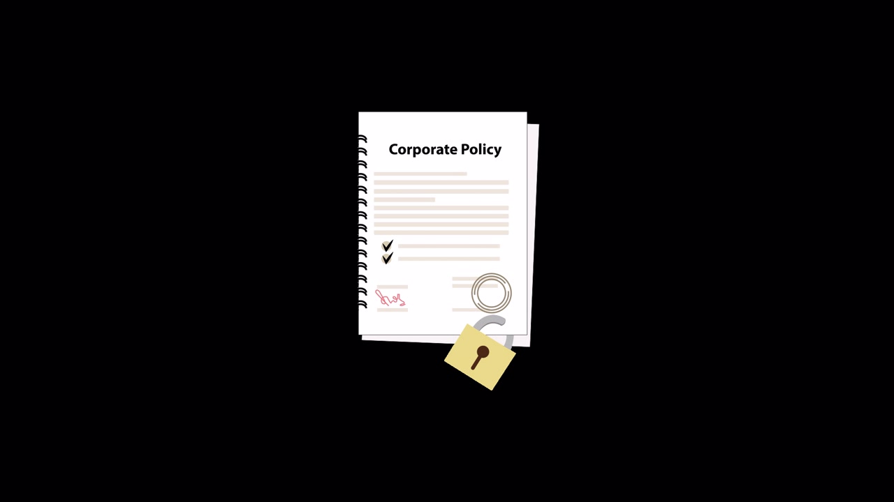 Documento de política corporativa con firma, sello y animación de candado que se desbloquea