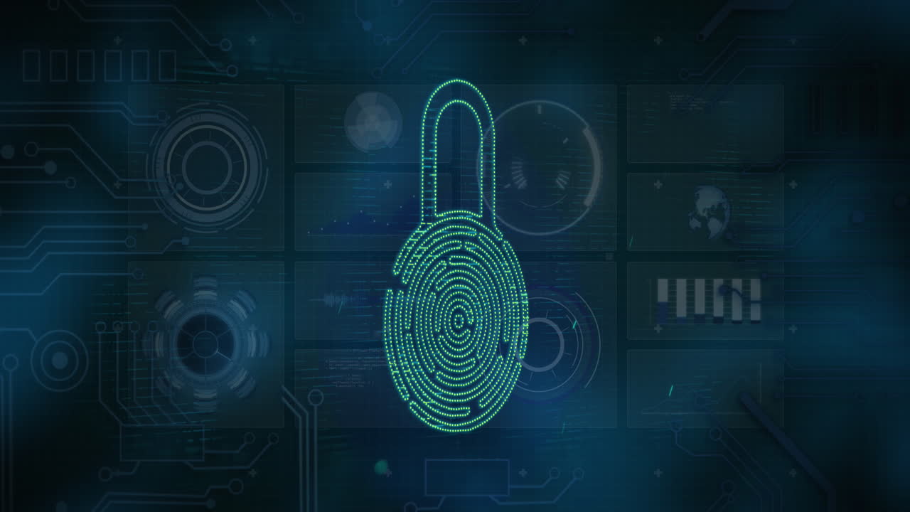 animatie van het pictogram van het beveiligingsslot en de lichte plek tegenover de interface met de gegevensverwerking