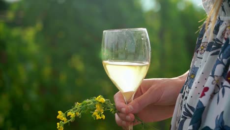 Stunning-HD-footage-of-a-young-white-Caucasian-woman-holding-a-glass-of-white-wine-and-yellow-flowers-in-her-hand-and-standing-among-vineyards