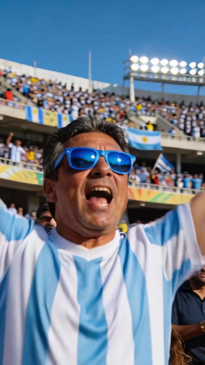Video vertical: Gol que emociona a un hombre con la camiseta de Argentina, gafas de sol azules en el estadio, gritando, levantando los brazos