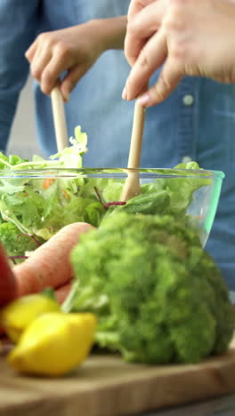 cute family preparing a salad