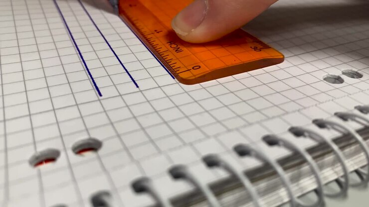 Draw lines with a ruler on a piece of paper in a notepad