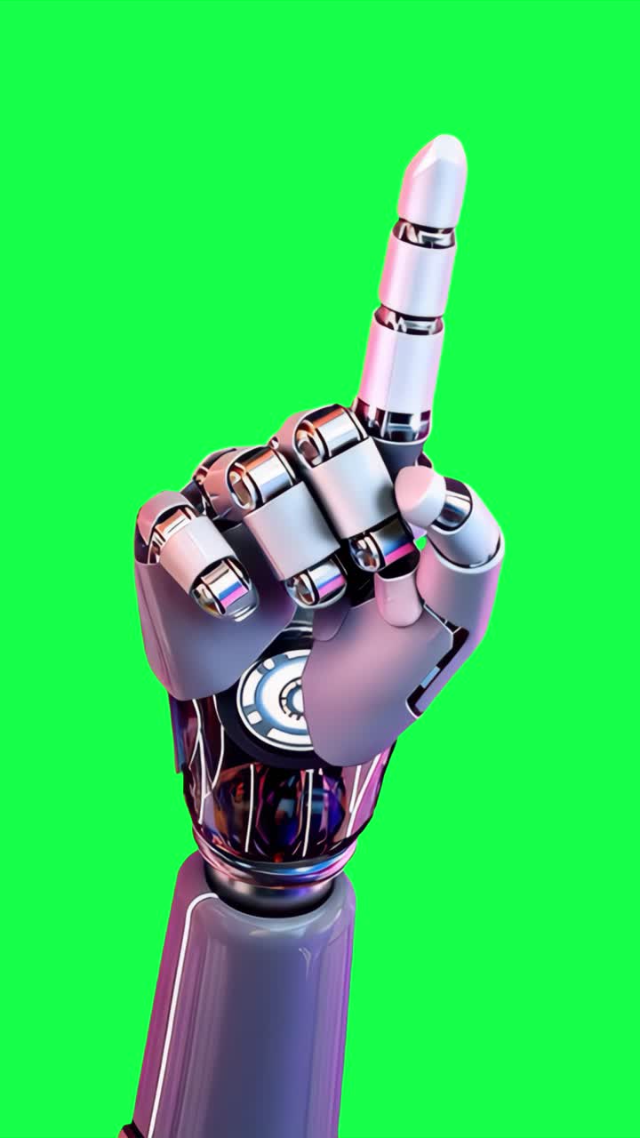 Futuristic robotic hand gesture animation, transparent 4K video, green screen
