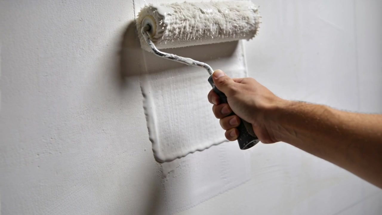 Una persona preme un rullo con il braccio nudo, dipingendo una porzione su una parete interna, stendendo pittura bianca per coprire l'area.