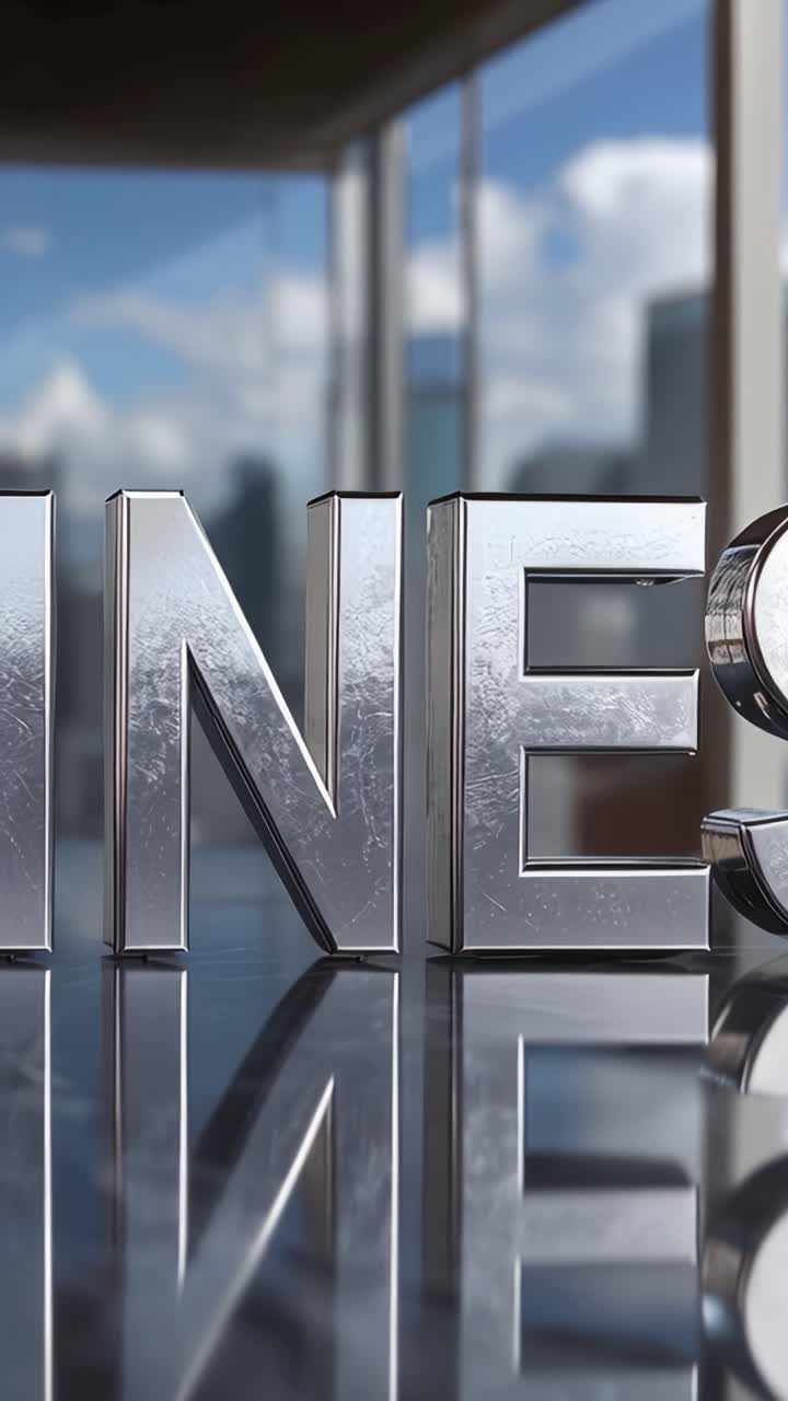 Reflective Silver Letters Spelling 'BU' and 'ES' Against a Backdrop of Urban Skyline, Highlighting Contemporary Design and Aesthetic Appeal