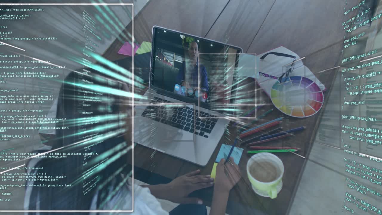Reaching for marker, woman jotting sticky notes and causing animated code panels during remote call
