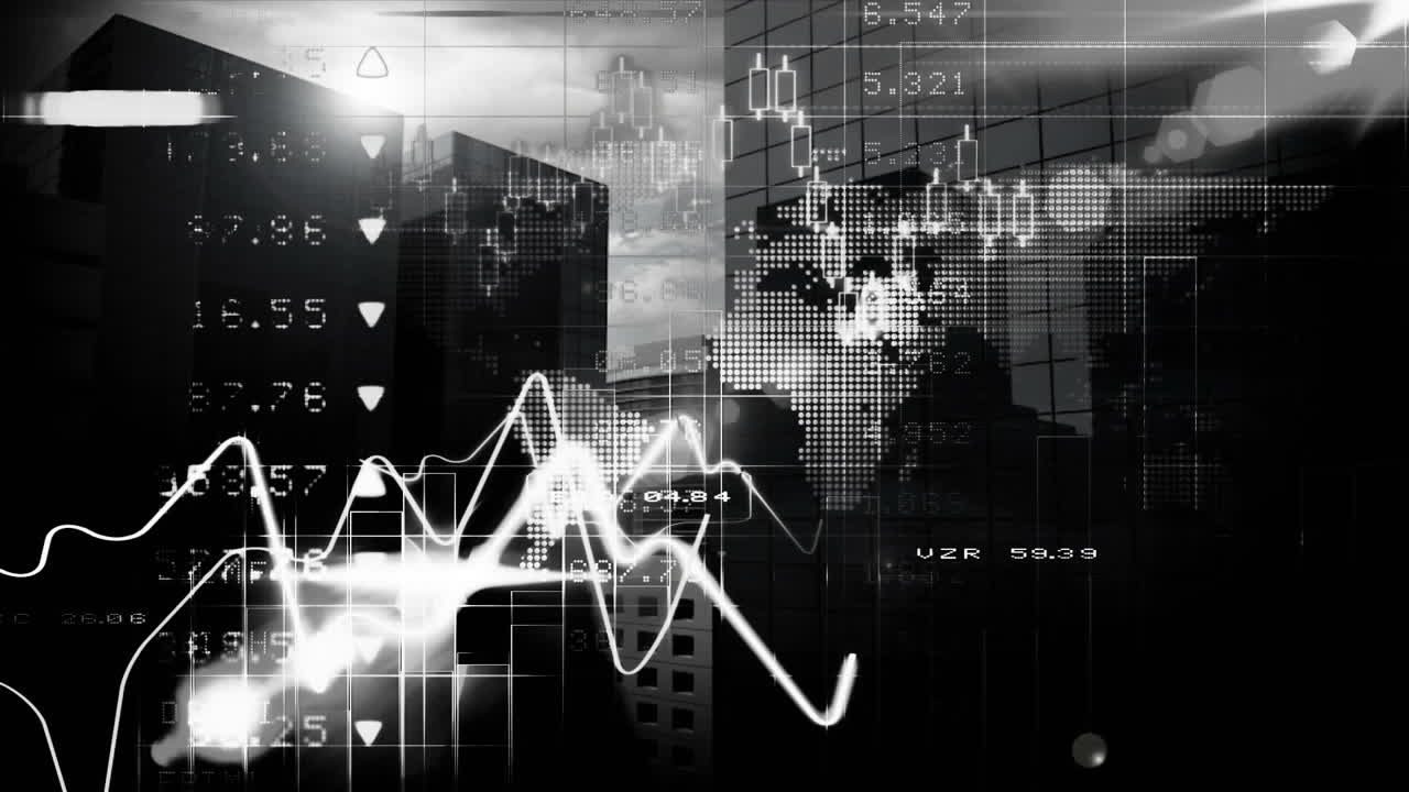 도시 풍경 위의 데이터 처리 애니메이션