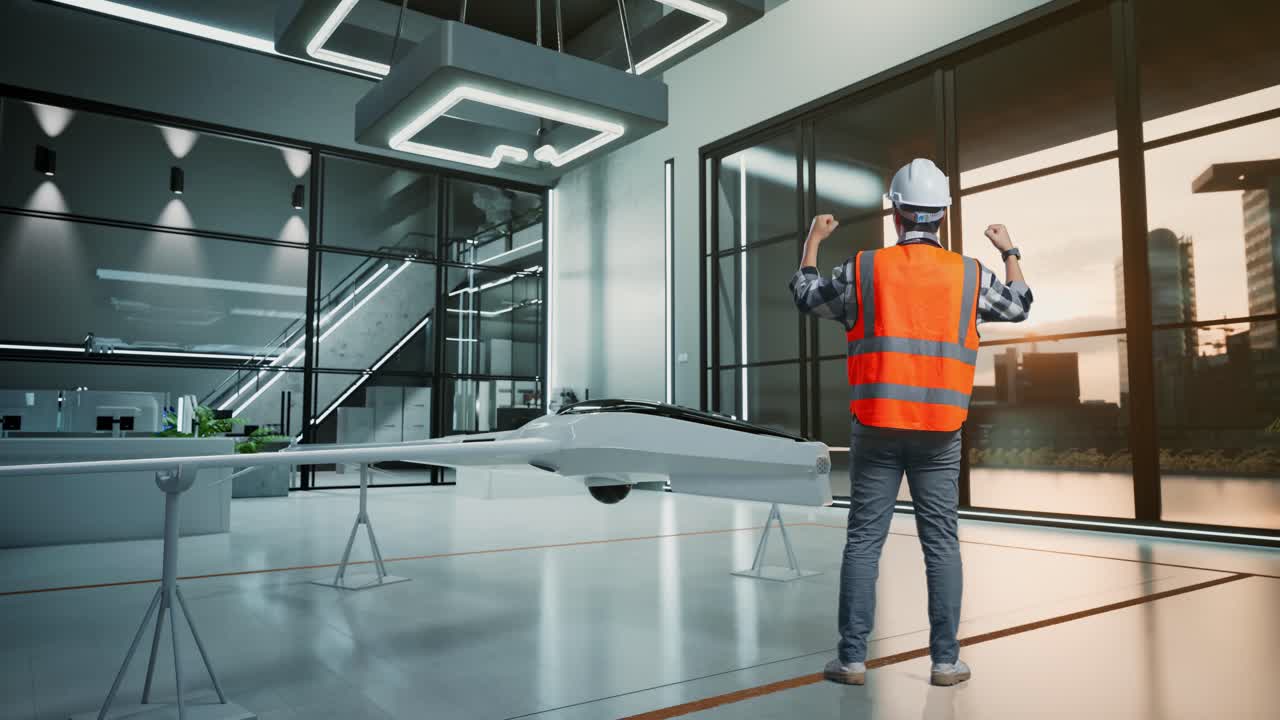 안전 헬을 착용한 남성 엔지니어가 드론 프로젝트에서 일하면서 손을 들어 축하하고 있다.