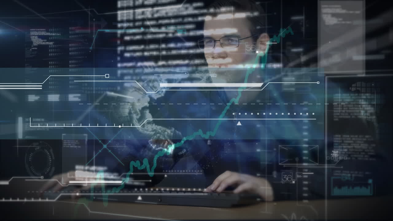 Animation af finansiel databehandling over en mand, der bruger en computer.