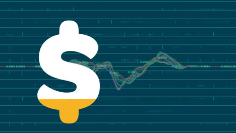 Animation-of-dollar-sign-filling-up-with-yellow-and-financial-data-processing