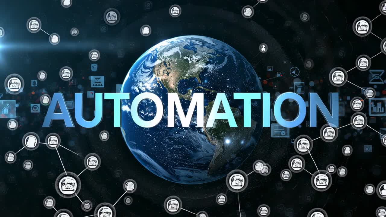 Brightening AUTOMATION text causing Earth globe rotating and spawning network icons in space