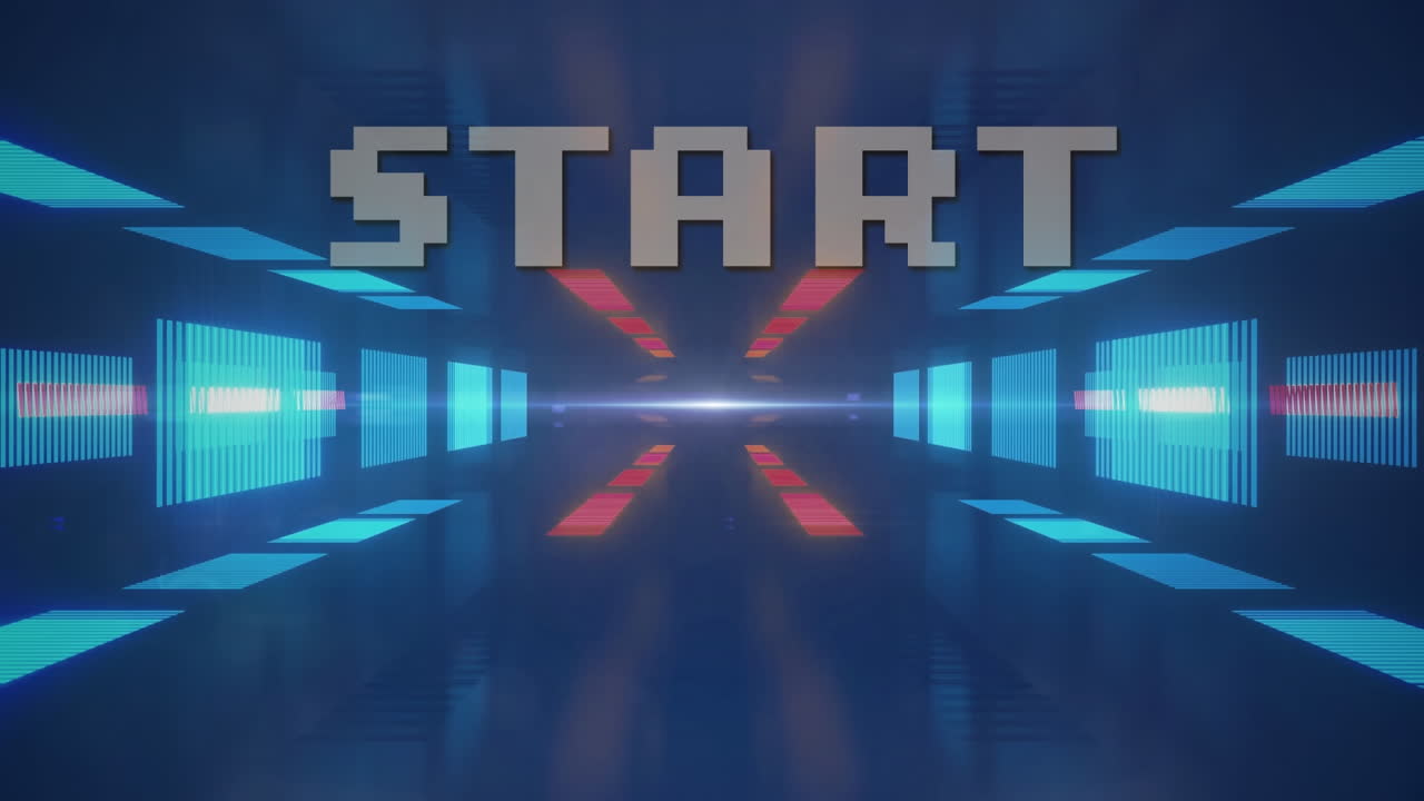 Animation of start text over multi coloured neon pattern over blue background