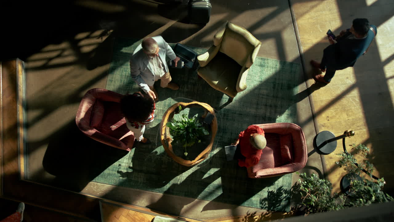 Aerial view of people in a lobby