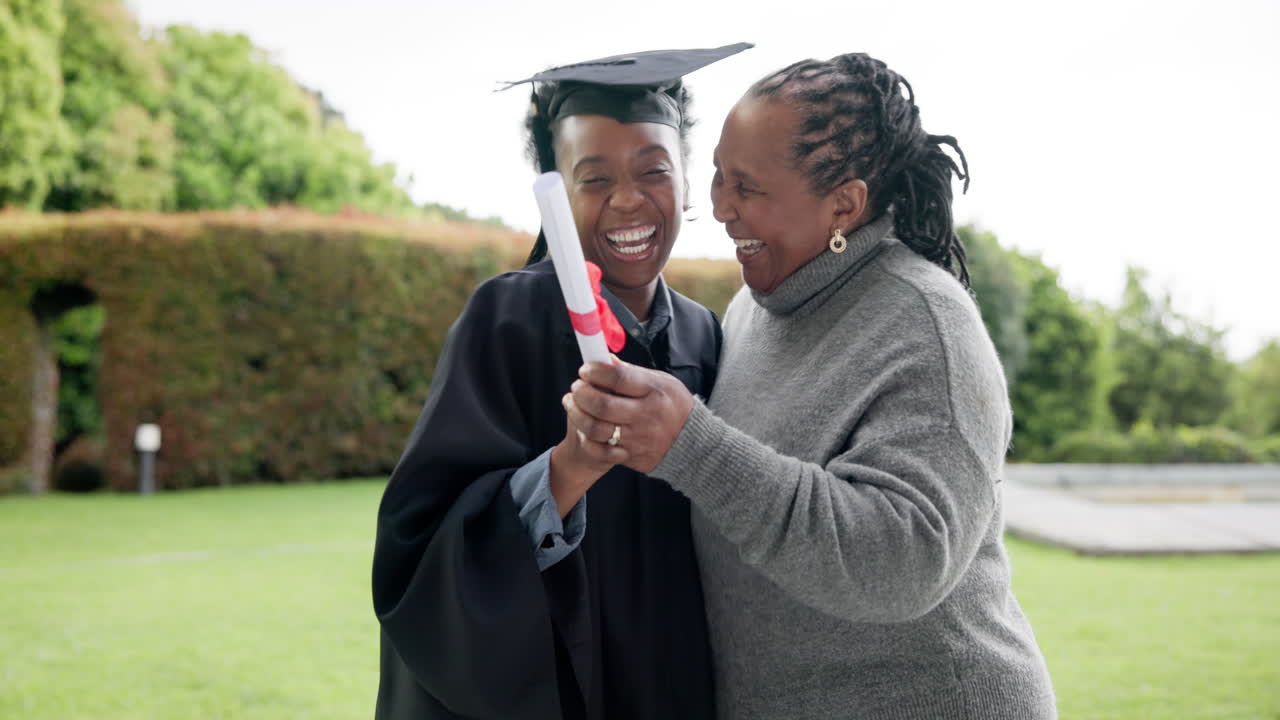 Woman, graduation and hug mother at college