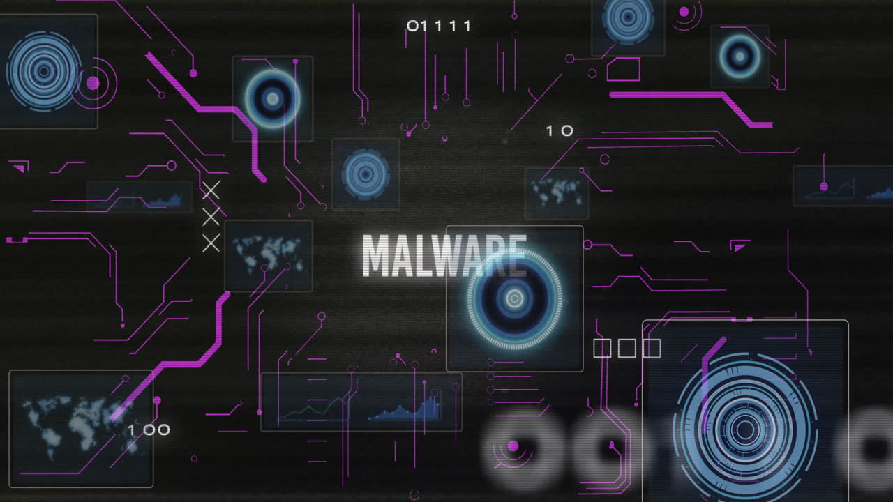 Digital animation of malware warning with binary code and data elements