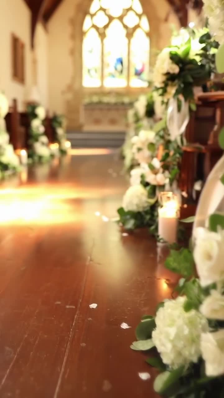 Video con angolazione dal basso di un elegante corridoio nuziale con decorazioni floreali lussureggianti in una chiesa con illuminazione soffusa