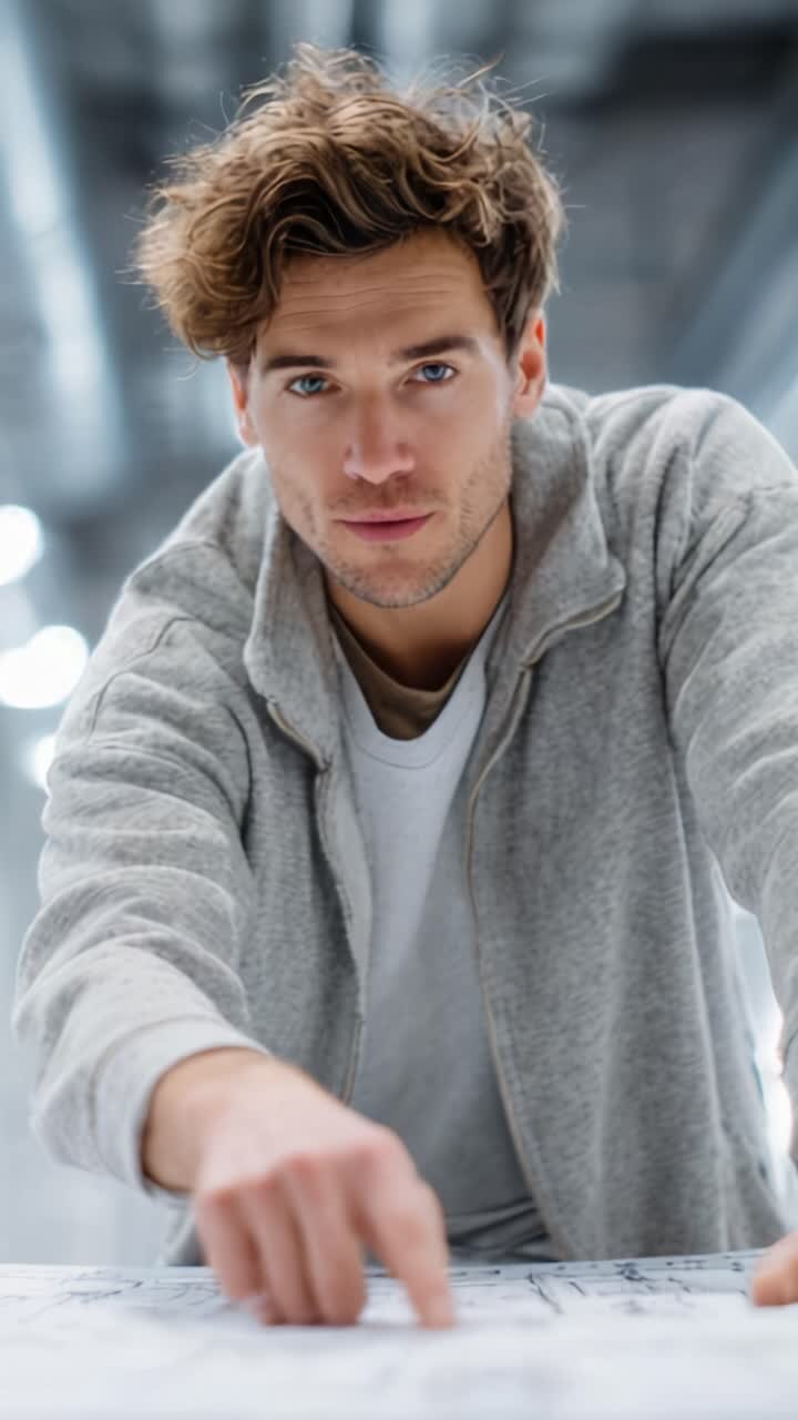Giovane uomo concentrato che analizza progetti su un tavolo da lavoro, mettendo in mostra determinazione e creatività in un ambiente di lavoro moderno e luminoso