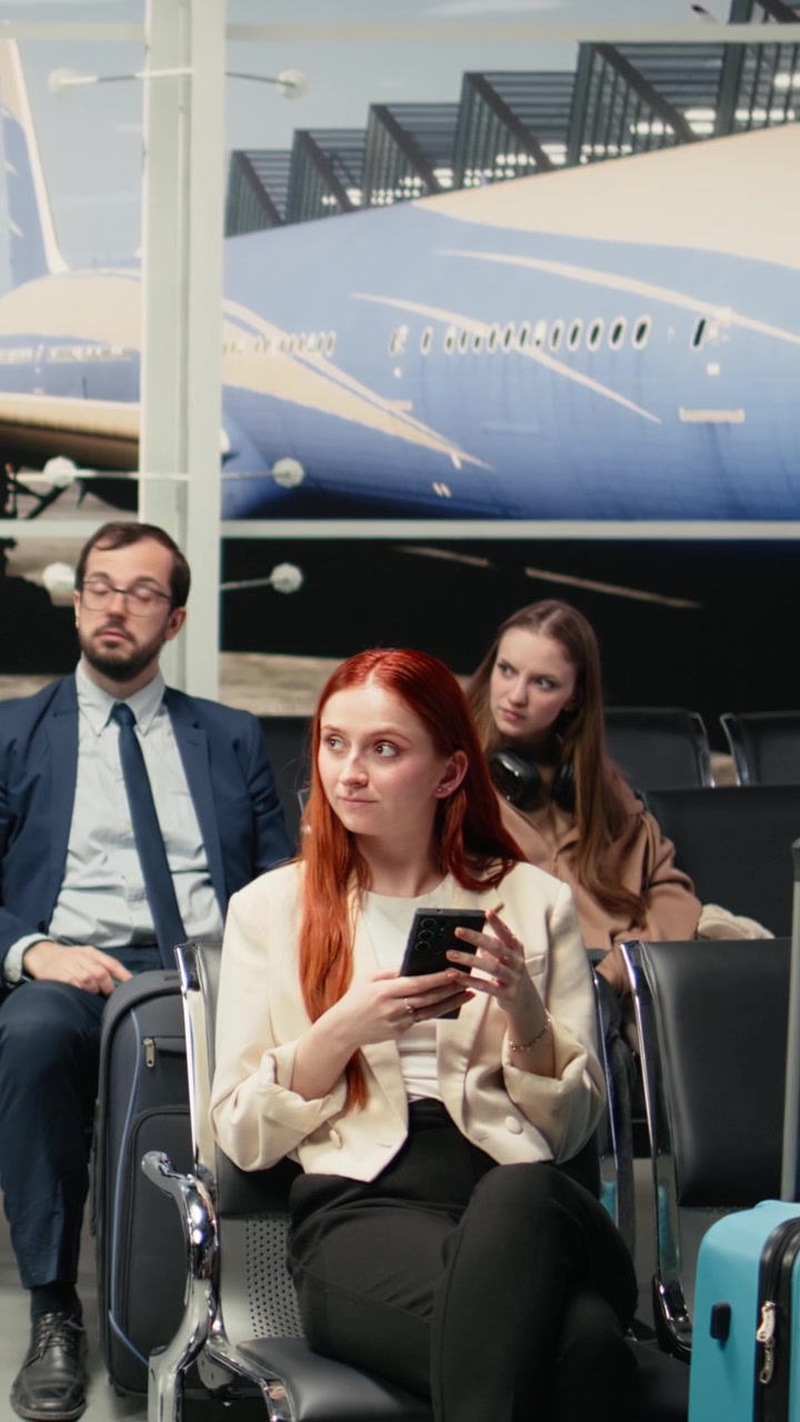 Video vertical: Tomando fotos, teléfono y mujeres curiosas por la presencia de tropas del ejército en el aeropuerto