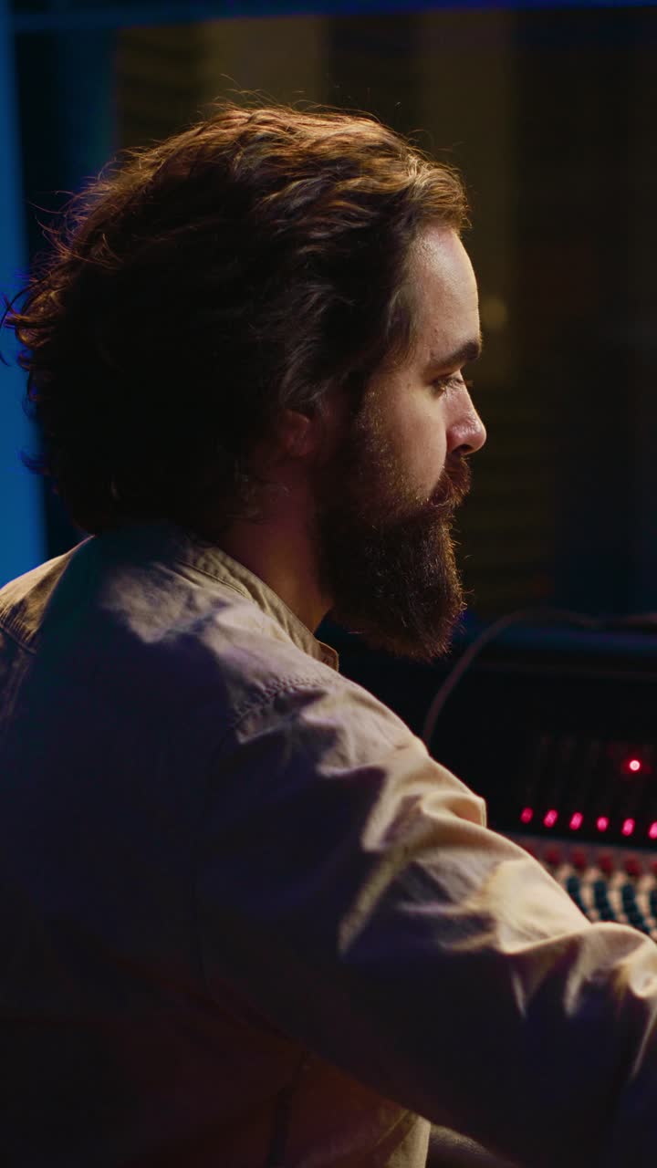 Produttore musicale concentrato che lavora su una console di missaggio audio in studio