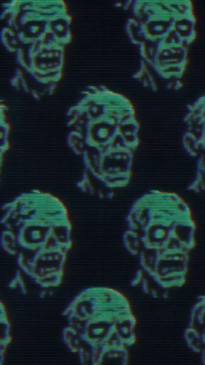 Stile videogioco retrò con volti di zombie pixelati in primo piano, motivo ripetuto