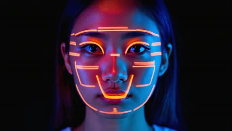 woman's face with facial recognition scan lines