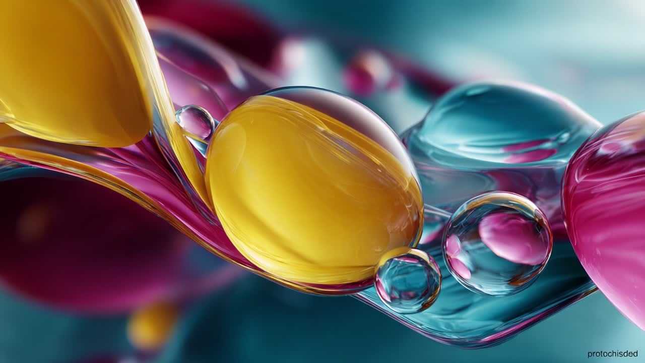 Stunning Colorful Liquid Formation: A Dynamic Abstract Display of Vibrant Spheres Merging and Flowing in a Captivating Spectrum of Yellow, Pink, and Blue Tones