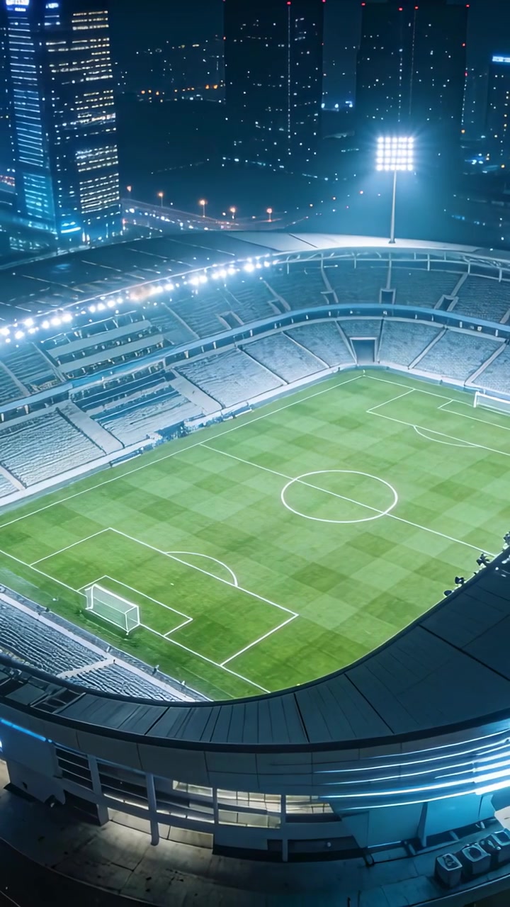Video verticale: Ripresa aerea panoramica che mostra un'arena illuminata di notte con torre faro e campo da gioco.