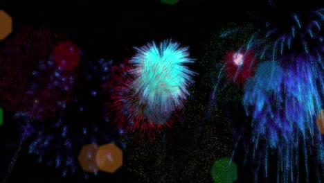 animation of fireworks and christmas fairy lights flickering over black background