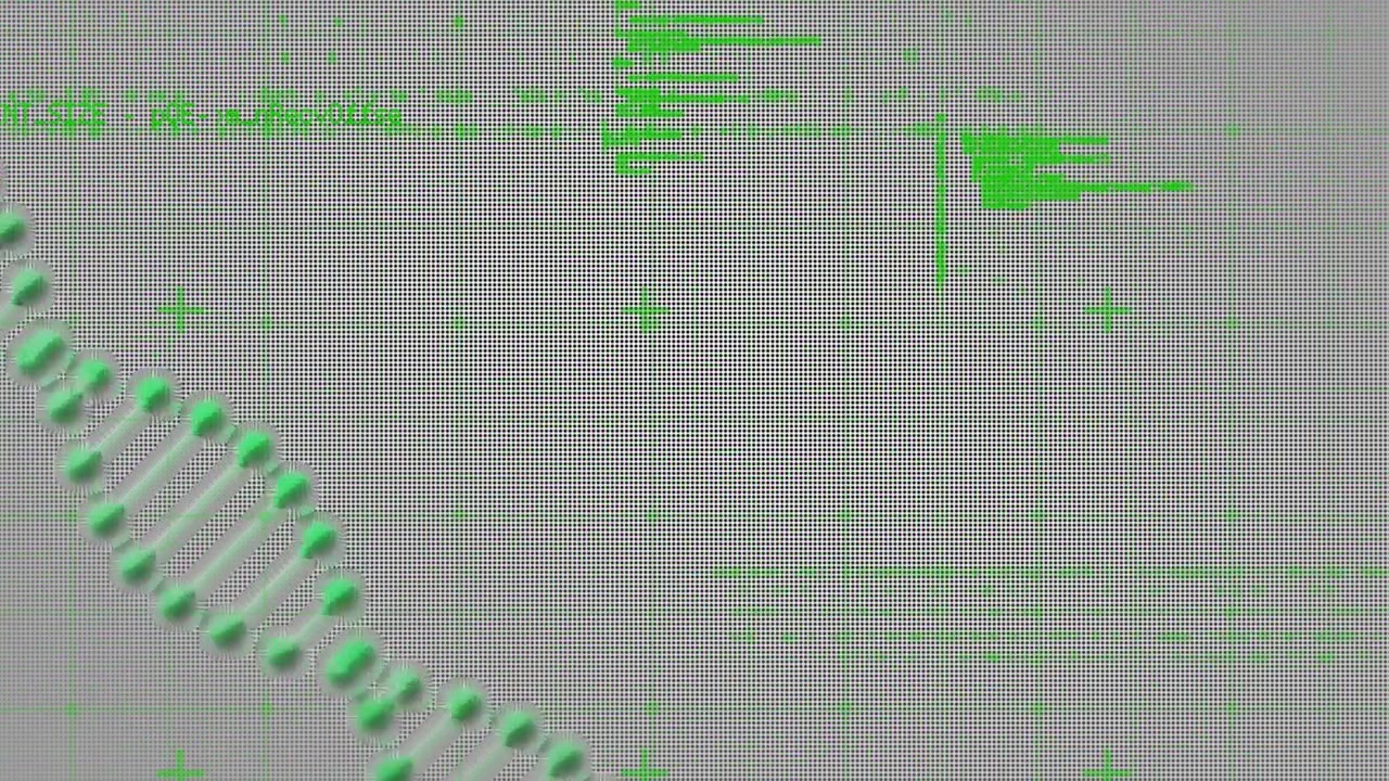Animation von Datenverarbeitung über einem sich drehenden 3D-DNA-Strang