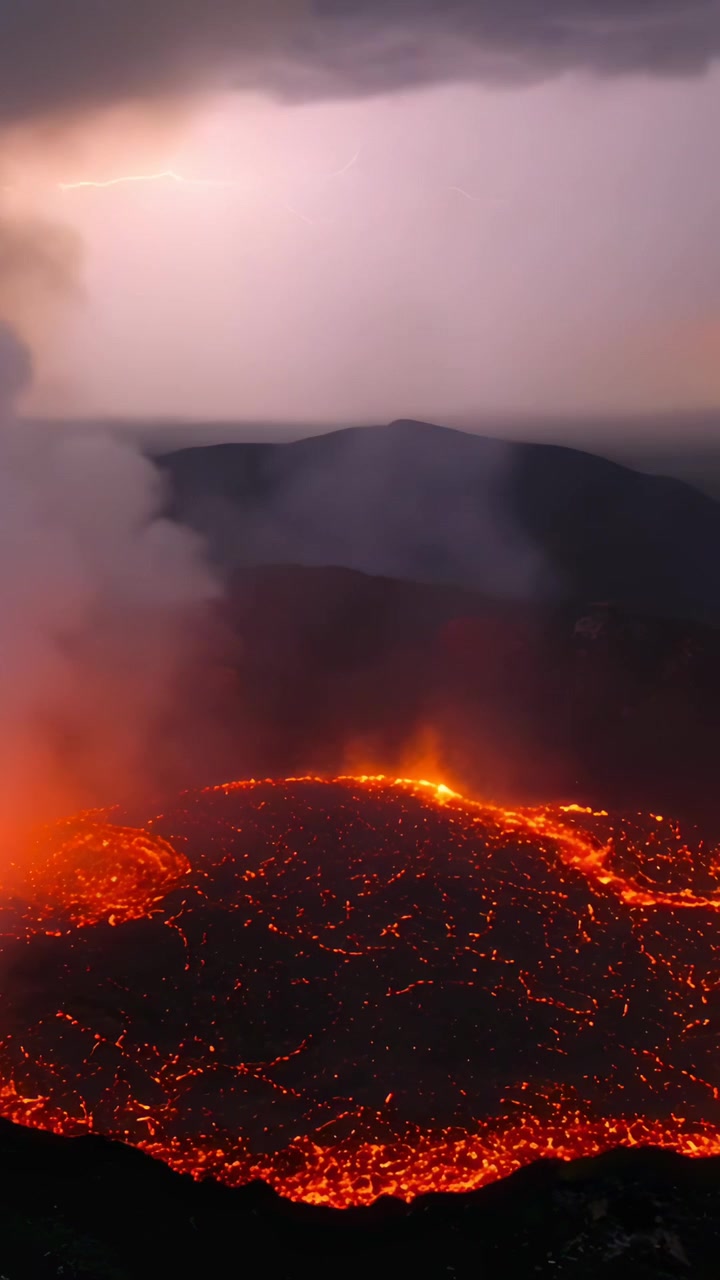 Vertical video: Gushing vent from magma at rim, lava lake bubbling, steaming, lightning flashing