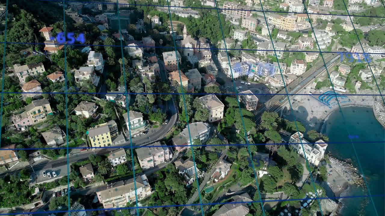 HUD activating, camera panning down coastal hillside while blue numbers displaying property stats