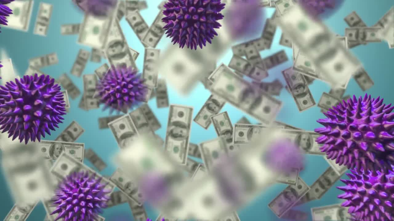 거시적인 코로나19 세포와 떠다니는 미국 달러 지폐의 애니메이션.