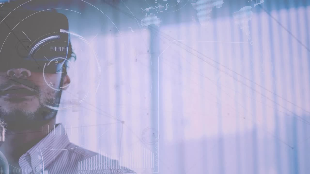Animazione di una rete di connessioni e portata su un uomo d'affari che indossa un visore VR