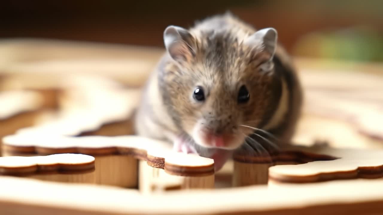 Curious Hamster Exploring a Wood Maze: An Energetic Journey of Discovery and Playfulness Captured in Two Frames