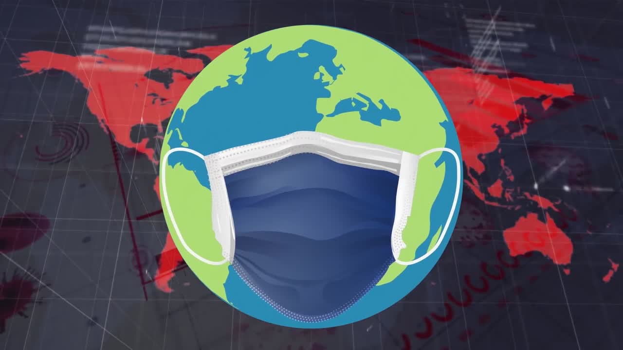 Animación de globo con mascarilla sobre mapa mundial