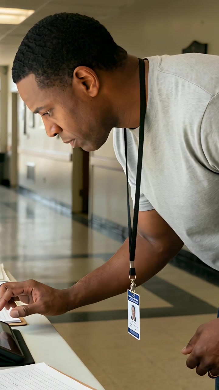Vertical video: Reaching counter, staffer tapping tablet at corridor, wearing Tshirt and ID badge