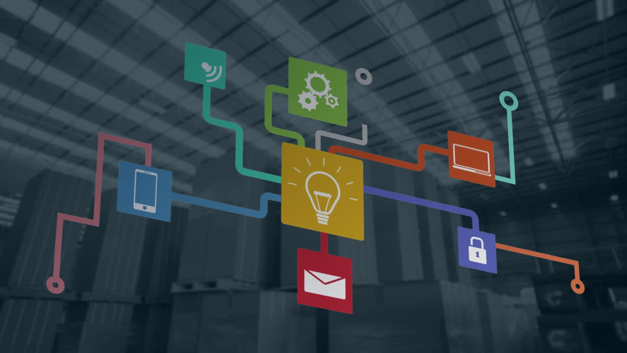 Animation of icons connected and forming flowchart over piled up cartons boxes in warehouse