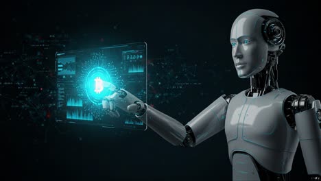 futuristic robot interacting with blockchain technology interface: a visual exploration of ai engagement with cryptocurrency metrics and data analysis