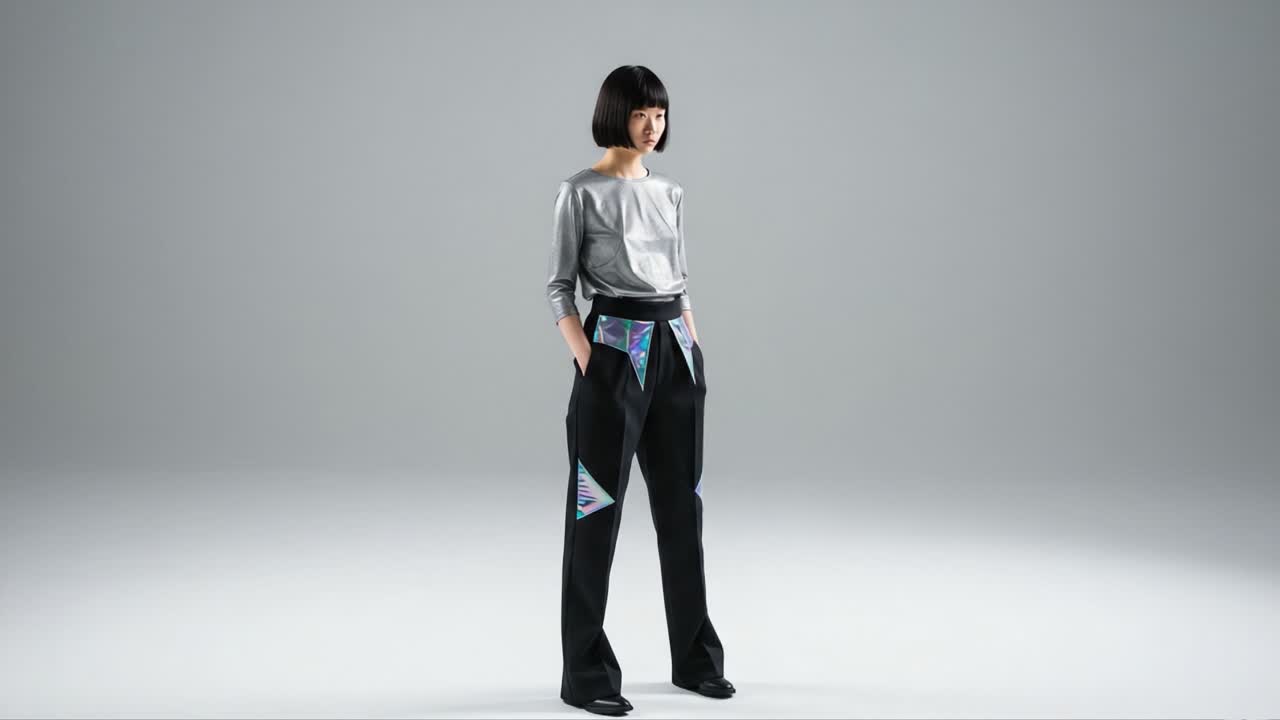 A Stylish Model Showcases Modern Fashion with a Focus on Innovative Design and Elegant Silhouettes in a Minimalist Studio Environment