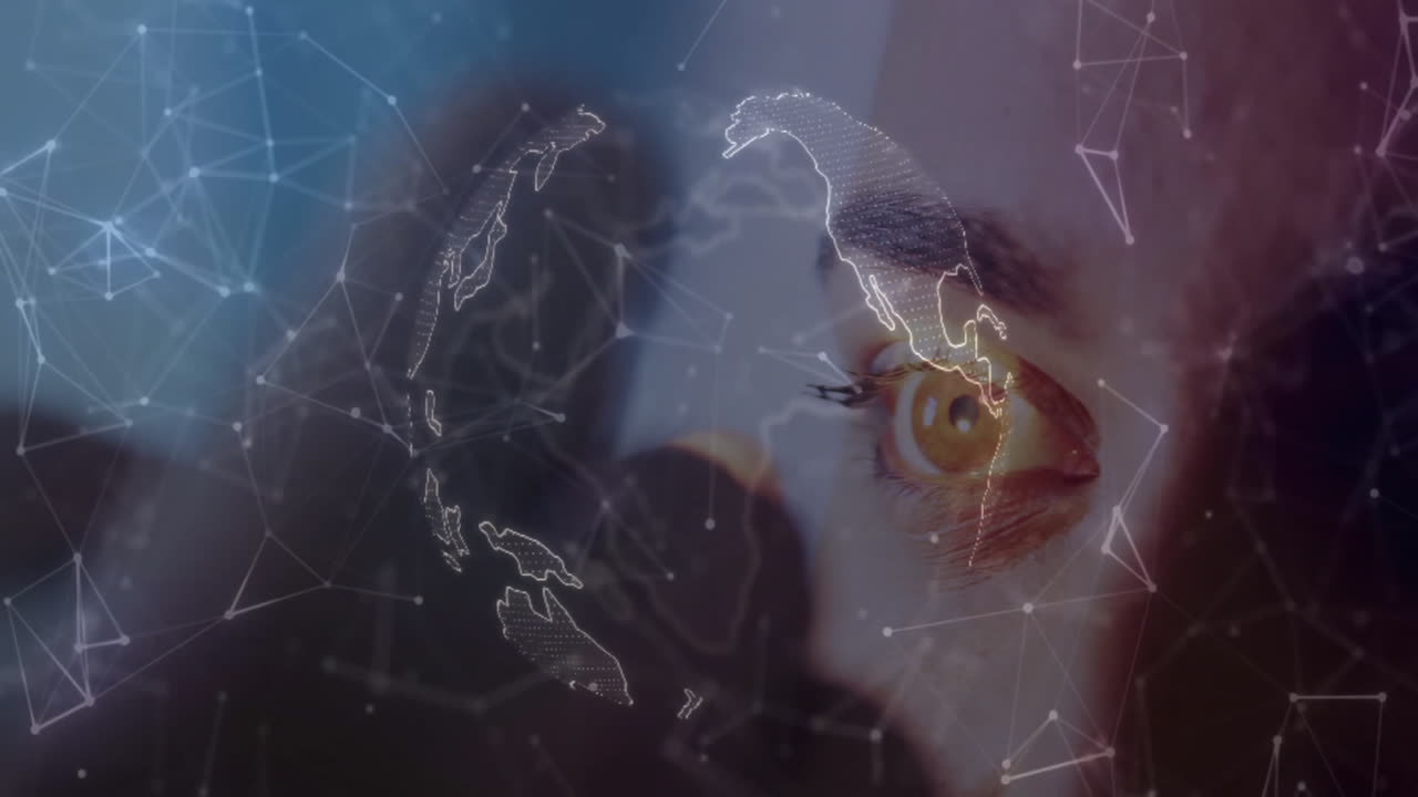 man gazing through right eye at rotating holographic globe with network nodes for technology