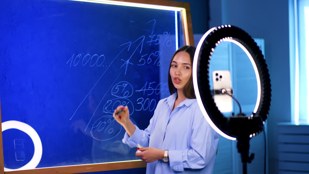 Woman talks to camera explaining and depicting numbers on the glass board. Blogging concept. Footage on phone camera with ring light.