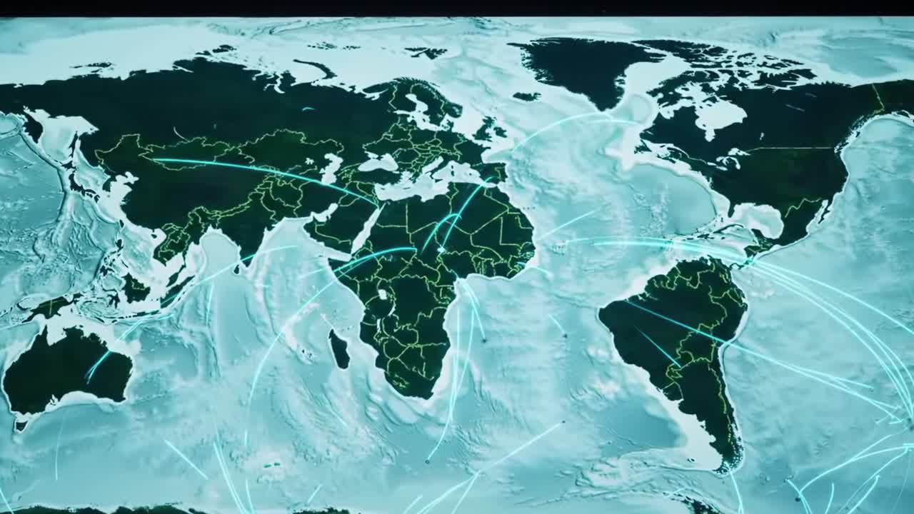 Dynamic Global Connectivity Illustrated Through a World Map Highlighting Major Data Pathways and Geographic Regions in an Abstract Style