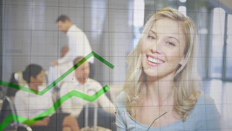 Animation-of-financial-data-processing-over-smiling-caucasian-businesswoman-in-office