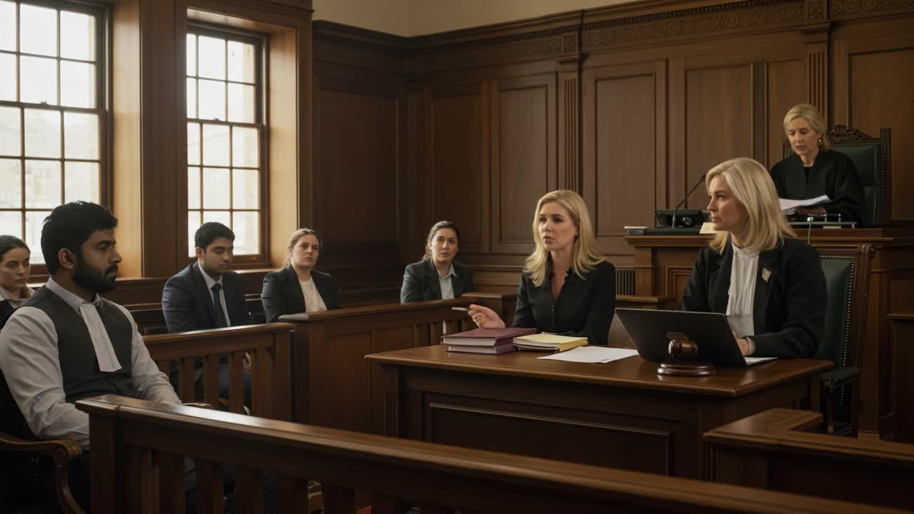 A Dramatic Courtroom Scene Depicting Legal Proceedings with Attorneys and Jurors Engaged in a Tense Dialogue Reflecting the Gravity of Justice