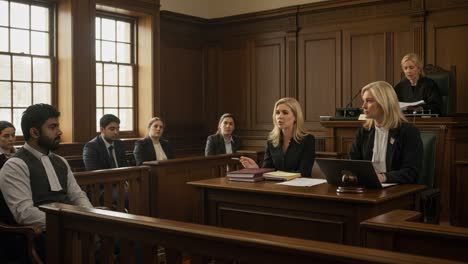 a dramatic courtroom scene depicting legal proceedings with attorneys and jurors engaged in a tense dialogue reflecting the gravity of justice