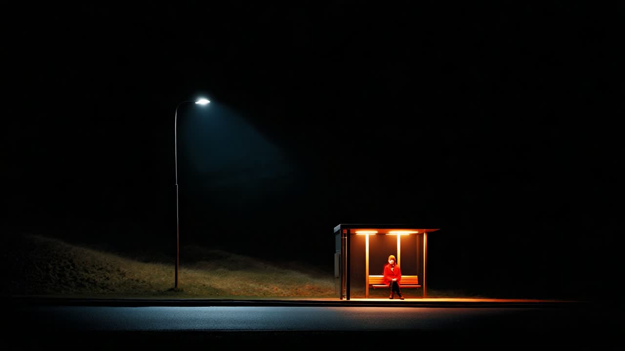 A solitary figure waiting at a dimly lit bus stop during night, illuminated by a single lamp, evoking feelings of isolation and contemplation under the vast, dark sky