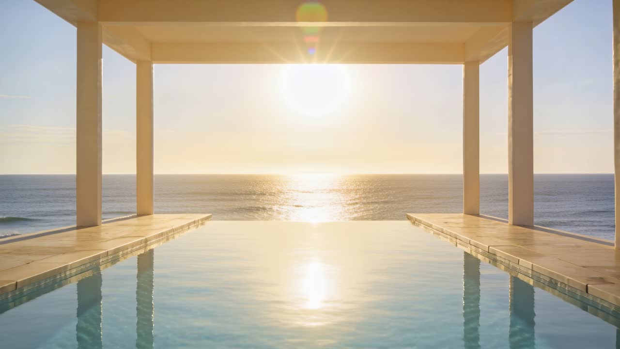 Aufgehende Sonne beleuchtet Infinity-Pool unter Dachpergola mit quadratischen Säulen, spiegelt den Horizont wider.